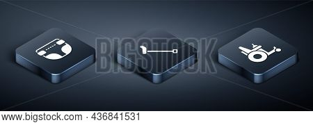 Set Isometric Adult Diaper, Electric Wheelchair And Walking Stick Cane Icon. Vector