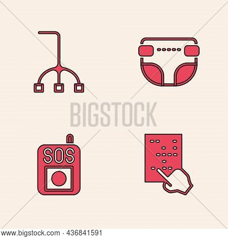 Set Braille, Walking Stick Cane, Adult Diaper And Press The Sos Button Icon. Vector