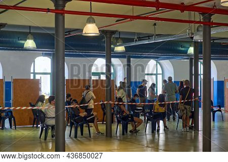 Rivarolo, Italy - 2 August 2021: Students Queuing To Receive The Dose Of Anti-covid Vaccine In A Vac