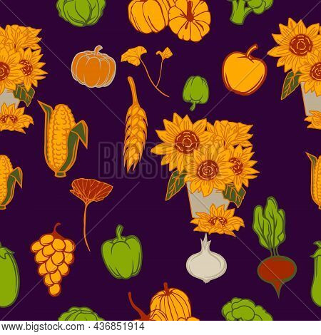 Autumn  Harvest Veggie And Fruit Vector Seamless Pattern