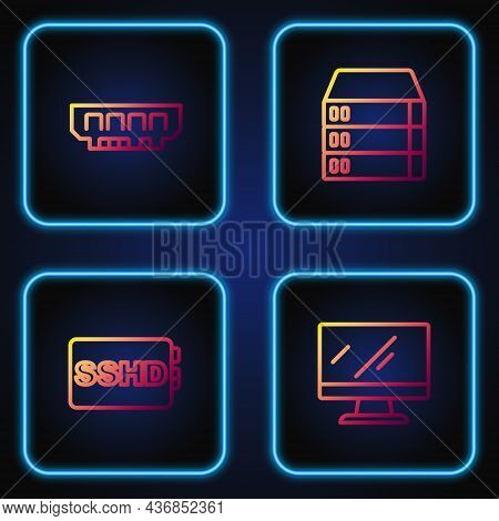 Set Line Computer Monitor Screen, Sshd Card, Ram, Random Access Memory And Server, Data, Web Hosting