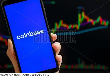 Ukraine, Odessa - October, 9 2021: Coinbase Mobile App Running At Smartphone Screen With Trading Can