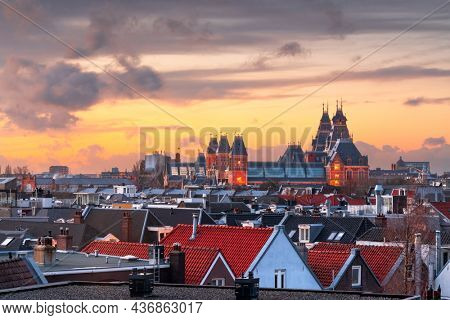 Amsterdam, Netherlands view of the cityscape from De Pijp at dusk.