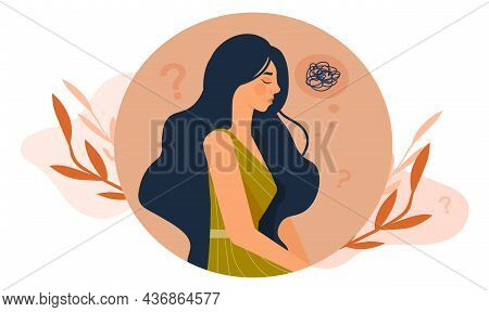 Sad And Depressed Woman. Difficult Life Situation, Headache, Confusion. Internal Problems, Psycholog