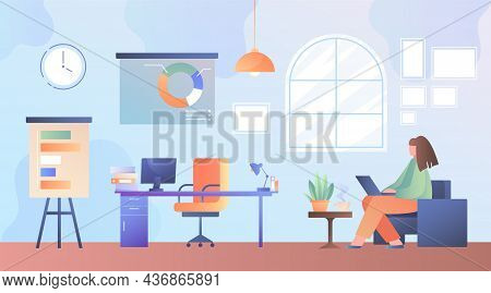 Office Interior With Woman. Employee Came To Work Earlier. Girl Prepares Presentation In Empty Offic