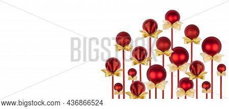 Christmas Background With Bright Red Balls With Golden Bows Upside Down Growing  As Bedflower In Rou