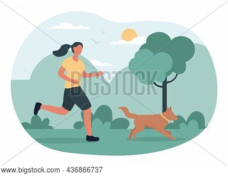 Running With Dog. Girl Went To Marathon With Her Pet. Woman Walking In Park. Nature, Outdoor, Park. 