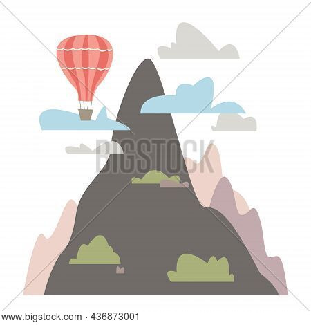 The Mountain Is Surrounded By Clouds, Bushes And Hills. Balloon. Vector Illustration In A Flat Style
