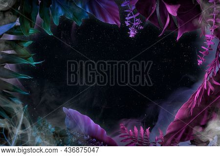 Aesthetic leaf frame background, neon botanical design