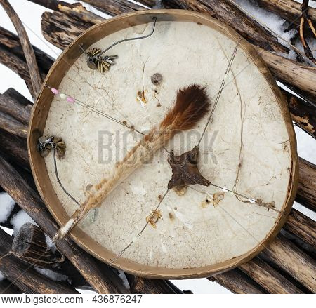 Ritual Authentic Shamanic Tambourine And Mallet Is  Pagan Religious Percussion Musical Instrument. K