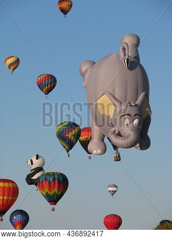 Hot Air Balloon Festival. Flying Hot Air Balloons In The Blue Sky, Adirondack, Queensbury, New York.