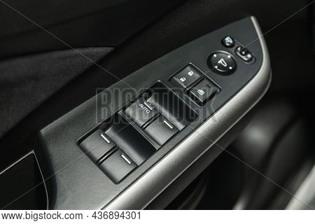 Novosibirsk, Russia - September 25, 2021: Honda Cr-v   , Car Door Interior Armrest With Window Contr