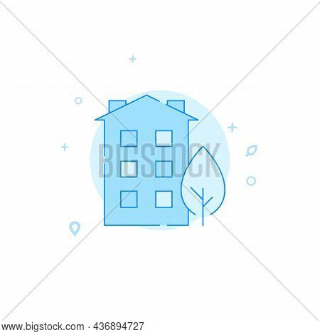Tenement House And Tree Vector Icon. Flat Illustration. Building Symbol, Filled Line Style. Blue Mon