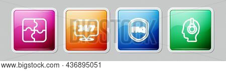 Set Line Piece Of Puzzle, Clock 24 Hours, Shield With Text Faq And Support Operator In Touch. Colorf