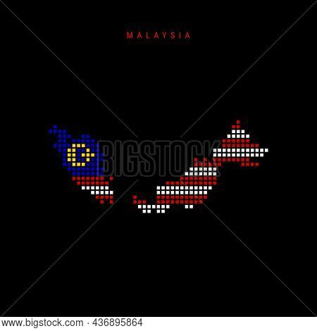 Square Dots Pattern Map Of Malaysia. Dotted Pixel Map With National Flag Colors Isolated On Black Ba