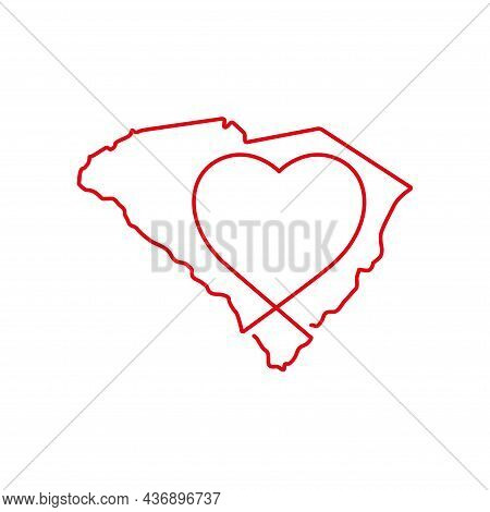 South Carolina Us State Red Outline Map With The Handwritten Heart Shape. Continuous Line Drawing Of