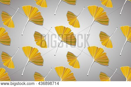 Vector Banner Of Ginkgo Biloba Leaf. Ink Line Art Design. Ginkgo Biloba Leaves. Seamless Pattern.