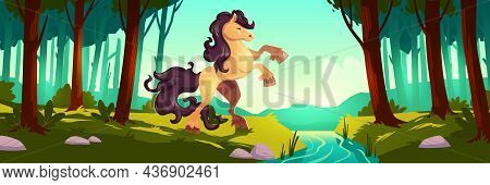 Wild Horse Rearing Up In Summer Forest. Vector Cartoon Illustration Of Stallion And Woodland Landsca