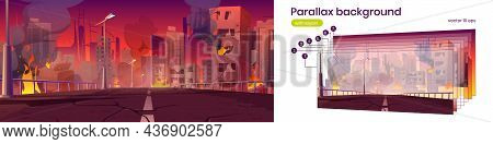 Parallax Background City In Fire, War Destroy, Abandoned Burning Broken Buildings And Bridge 2d City