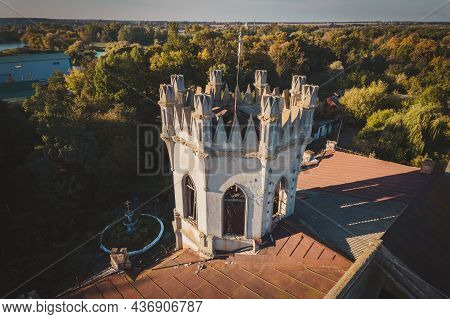 Aerial View Of Ruined Castle In Neo-gothic Style, Ukraine