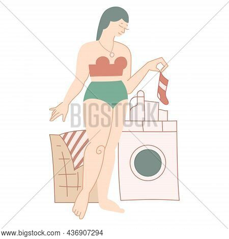 Happy Woman In Laundry. Housework, Home Routine - Isolated Vector Illustration. Lady Wearing Underwe