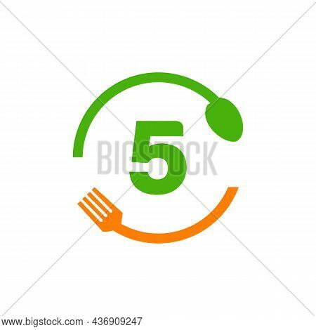 Restaurant Logo Design On Letter 5 With Spoon And Fork Concept Template. Kitchen Tools, Food Icon. C