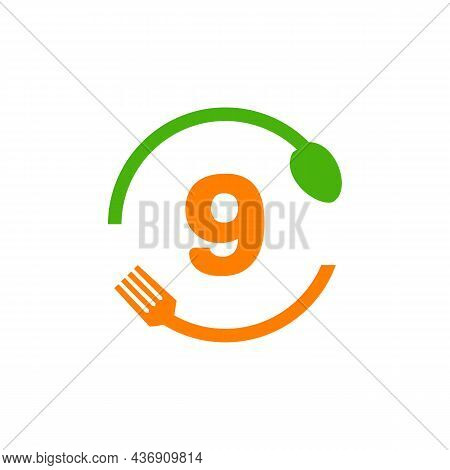 Restaurant Logo Design On Letter 9 With Spoon And Fork Concept Template. Kitchen Tools, Food Icon. C