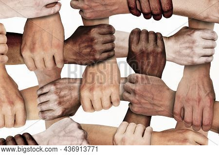 The Clenched Hands Of Working People Of Different Nationalities With Different Skin Colors. Social P