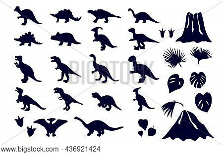 Set Of Dinosaur Silhouettes, Volcano, Tropical Leaves, Footprint.