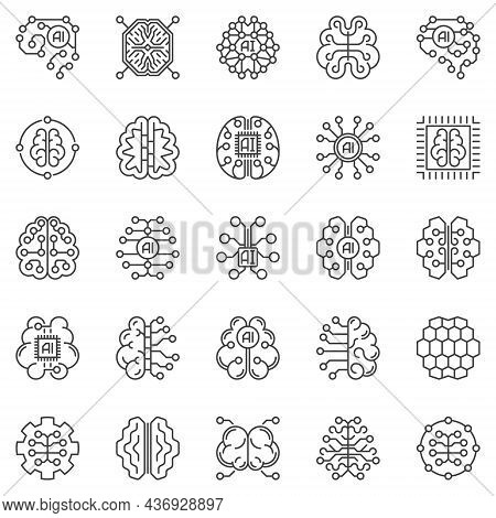 Ai Digital Brain Line Icons Set - Vector Artificial Intelligence Symbols
