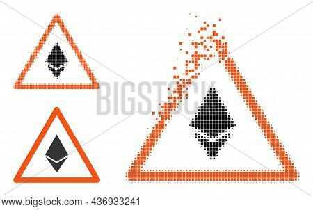 Fractured Pixelated Ethereum Warning Icon With Halftone Version. Vector Wind Effect For Ethereum War
