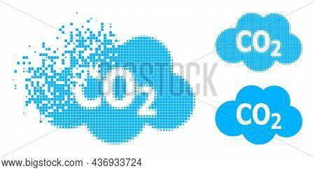 Disintegrating Pixelated Carbon Dioxide Cloud Glyph With Halftone Version. Vector Wind Effect For Ca