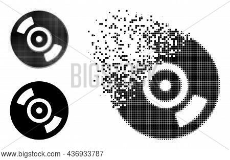 Broken Dot Cd Disc Glyph With Halftone Version. Vector Destruction Effect For Cd Disc Symbol. Pixel 