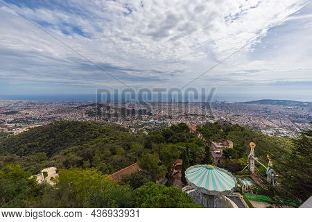 Barcelona, Spain - September 22, 2021: Aerial View Over The Skyline Of Barcelona. Panoramic Wide Ang