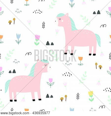Seamless Pattern Horse And Flower Background Hand Drawn Design In Cartoon Style, Use For Print, Fabr