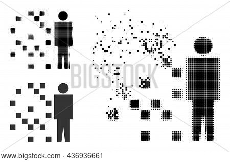 Dispersed Dotted Digital Man Synthesis Glyph With Halftone Version. Vector Destruction Effect For Di