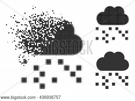 Destructed Pixelated Digital Cloud Icon With Halftone Version. Vector Destruction Effect For Digital