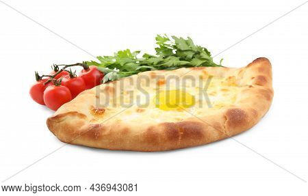 Fresh Delicious Adjarian Khachapuri, Parsley And Tomatoes On White Background