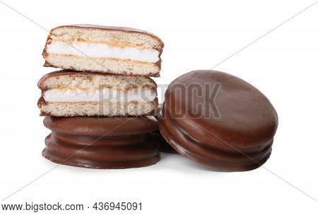 Delicious Choco Pies On White Background. Classic Snack Cakes