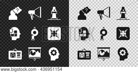 Set Head With Question Mark, Megaphone, Speaker, Identification Badge, Chalkboard Chart, Human Head 