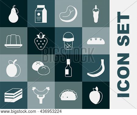 Set Plum Fruit, Banana, Bread Loaf, Steak Meat, Strawberry, Jelly Cake, Pear And Ice Cream In Waffle