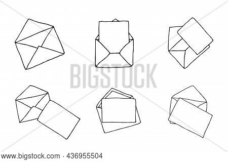 Mail Icons Collection, Open Envelopes, Email Symbol. Sketch Letter Set. Hand Drawn Doodle Cartoon St