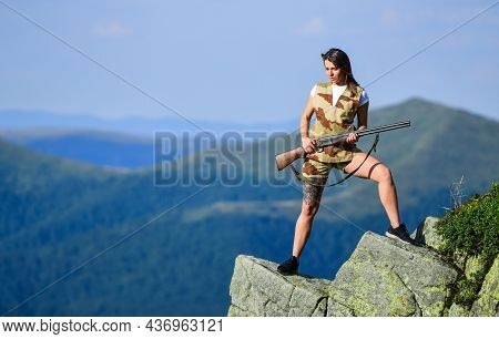 Military Action. Army Sniper. Weapon Shop Concept. Woman Assassin With Gun. War Time. Female Soldier