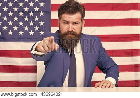 Did You Apply For Usa Citizenship. Bearded Man Point Finger. American Citizen National Flag Backgrou
