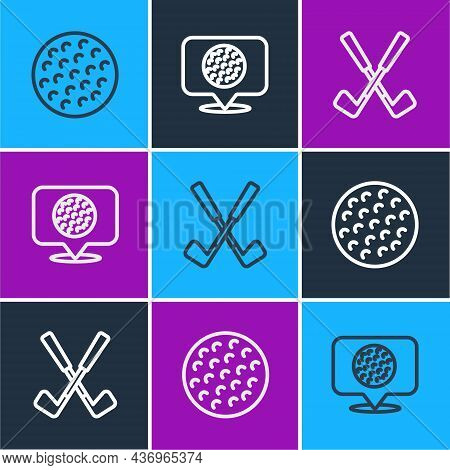 Set Line Golf Ball, Crossed Golf Club And Label Icon. Vector