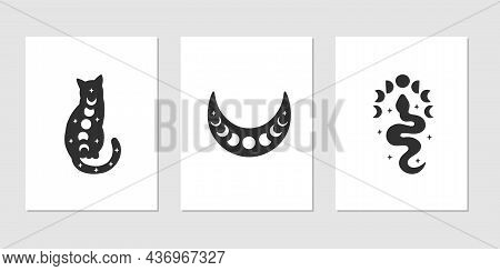 Black Celestial Animal Silhouette Vector Illustration - Boho Cat, Witchy Snake With Moon Phases. Eso