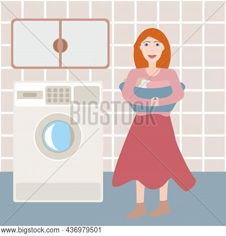 Happy Woman In The Laundry. Washer. Caring For Things.
