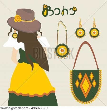 Fashion Boho Style Outfit. Female Model In A Bohemian Manner. Stylish Woman In Casual Fashionable Cl
