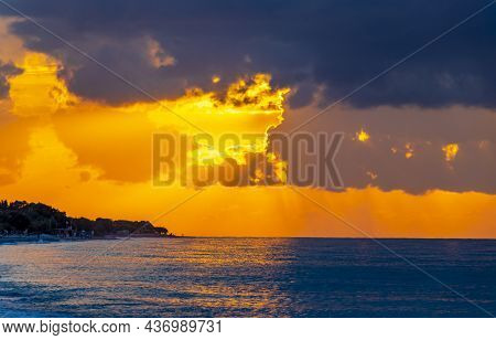 The Most Beautiful Colorful Golden Sunset Ialysos Beach Rhodes Greece.