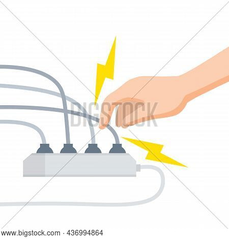 Electric Shock And Short Circuit. Safety Precautions. Hand Touches Broken Socket. High Voltage. Dang